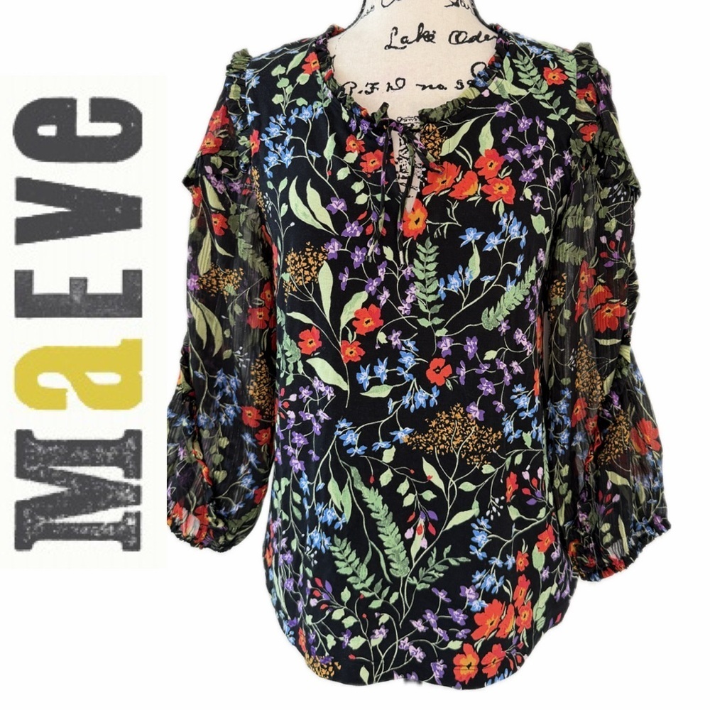 Anthropologie Maeve Blouse Jacquin Peasant Black Floral 70’ Vibe Whimsigoth core
